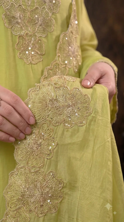 Premium Designer Lime Silk Pakistani Suit with Golden Floral Embroidery