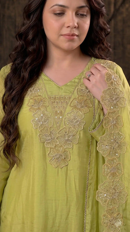 Premium Designer Lime Silk Pakistani Suit with Golden Floral Embroidery