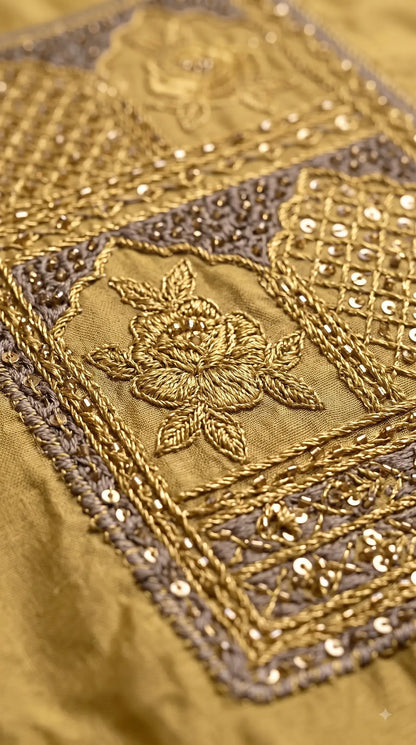 Premium Designer Mustard Gold Pakistani Suit with Grey Embroidered Dupatta