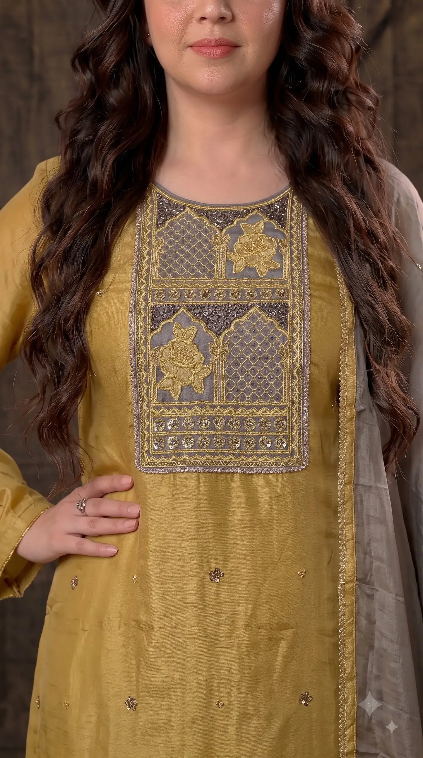 Premium Designer Mustard Gold Pakistani Suit with Grey Embroidered Dupatta