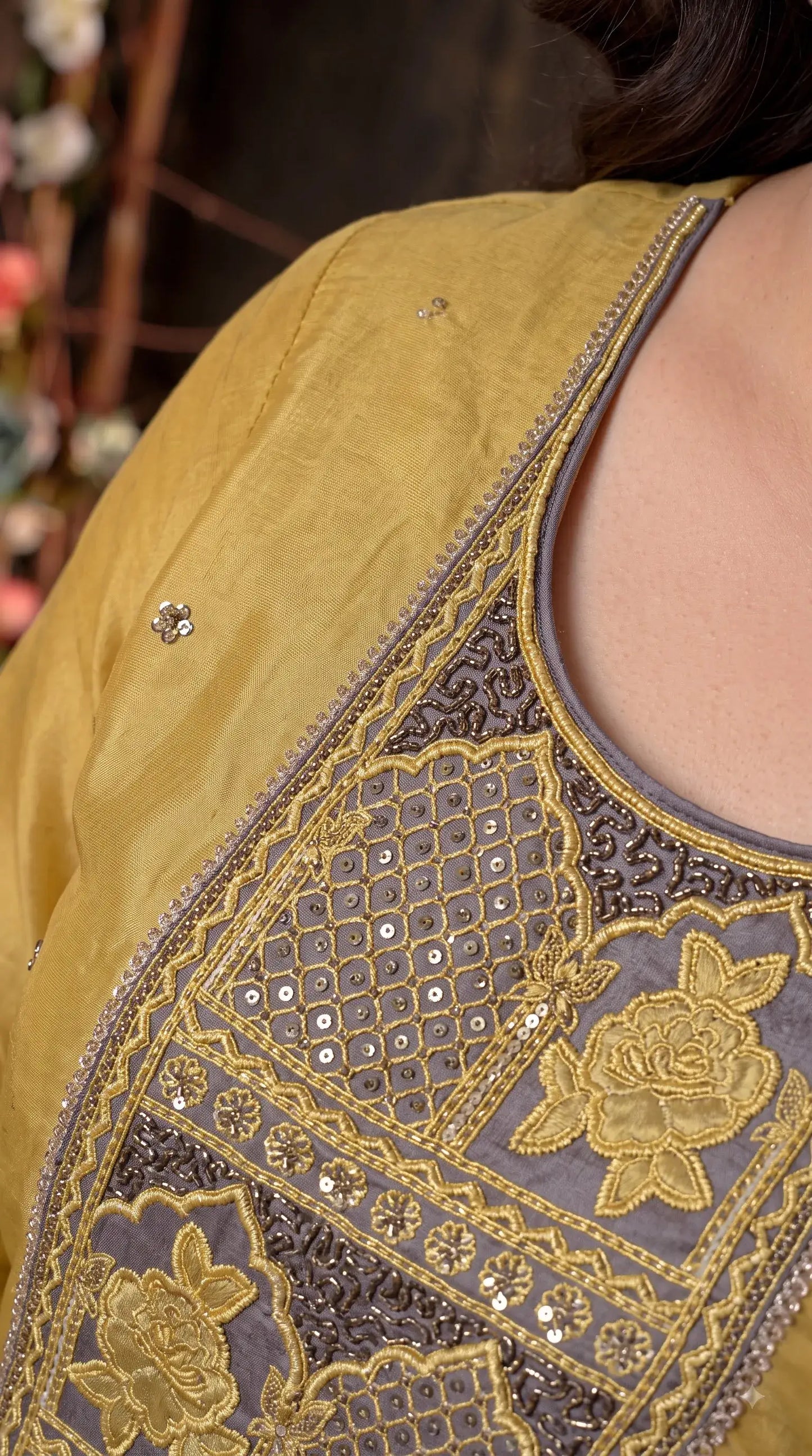 Premium Designer Mustard Gold Pakistani Suit with Grey Embroidered Dupatta