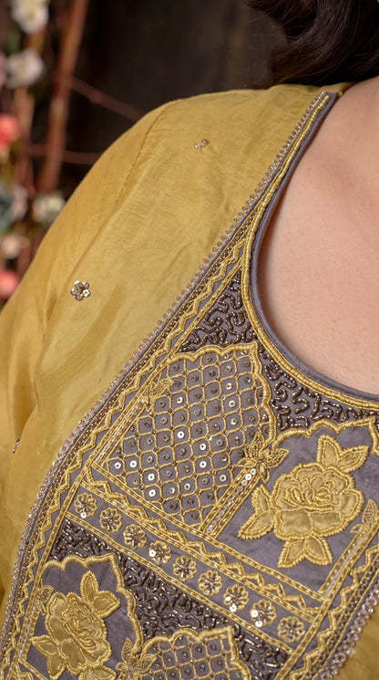Premium Designer Mustard Gold Pakistani Suit with Grey Embroidered Dupatta