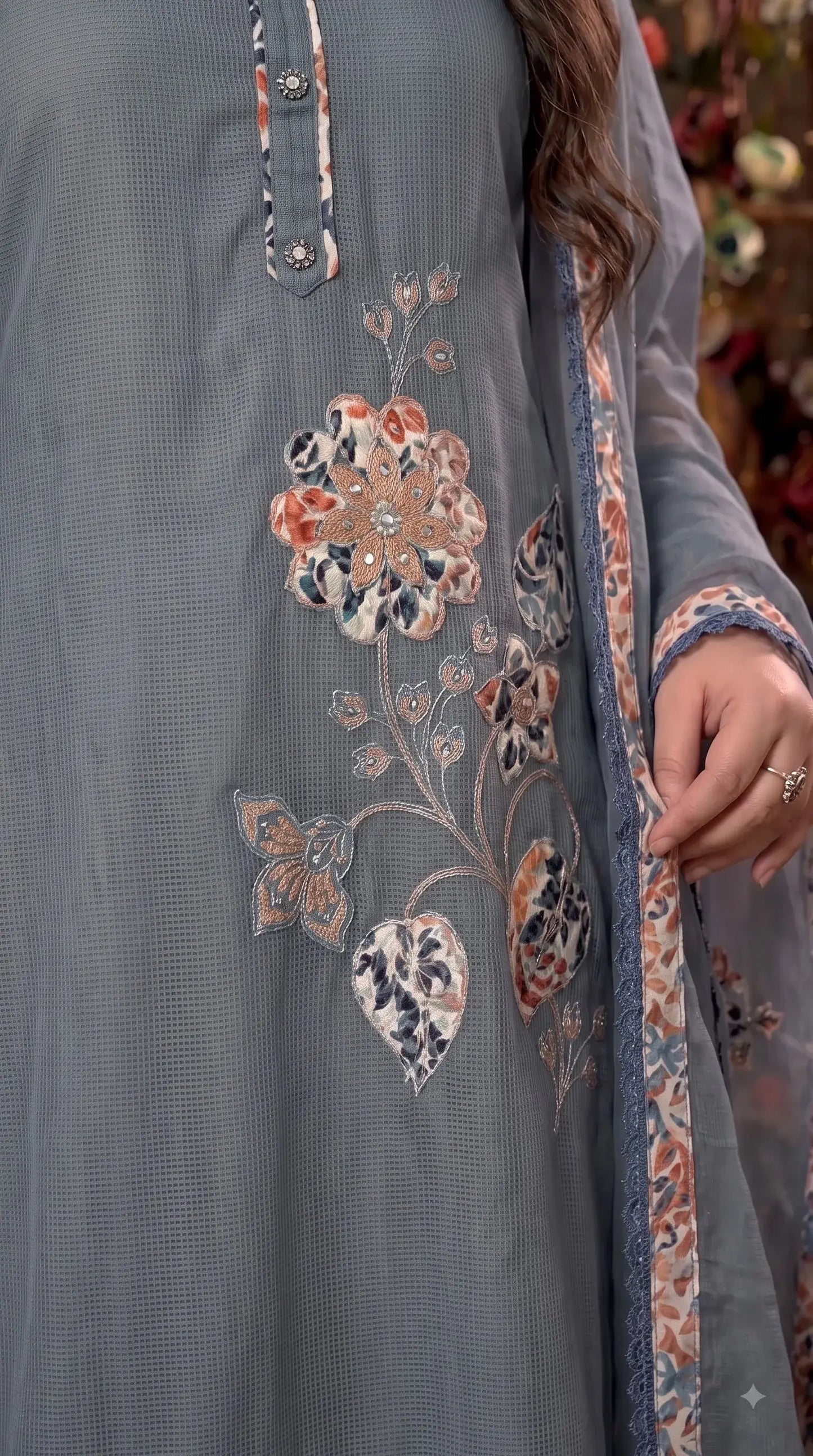 Premium Designer Slate Blue Soft Cotton Pakistani Suit with Floral Appliqué Work