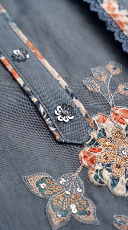 Premium Designer Slate Blue Soft Cotton Pakistani Suit with Floral Appliqué Work