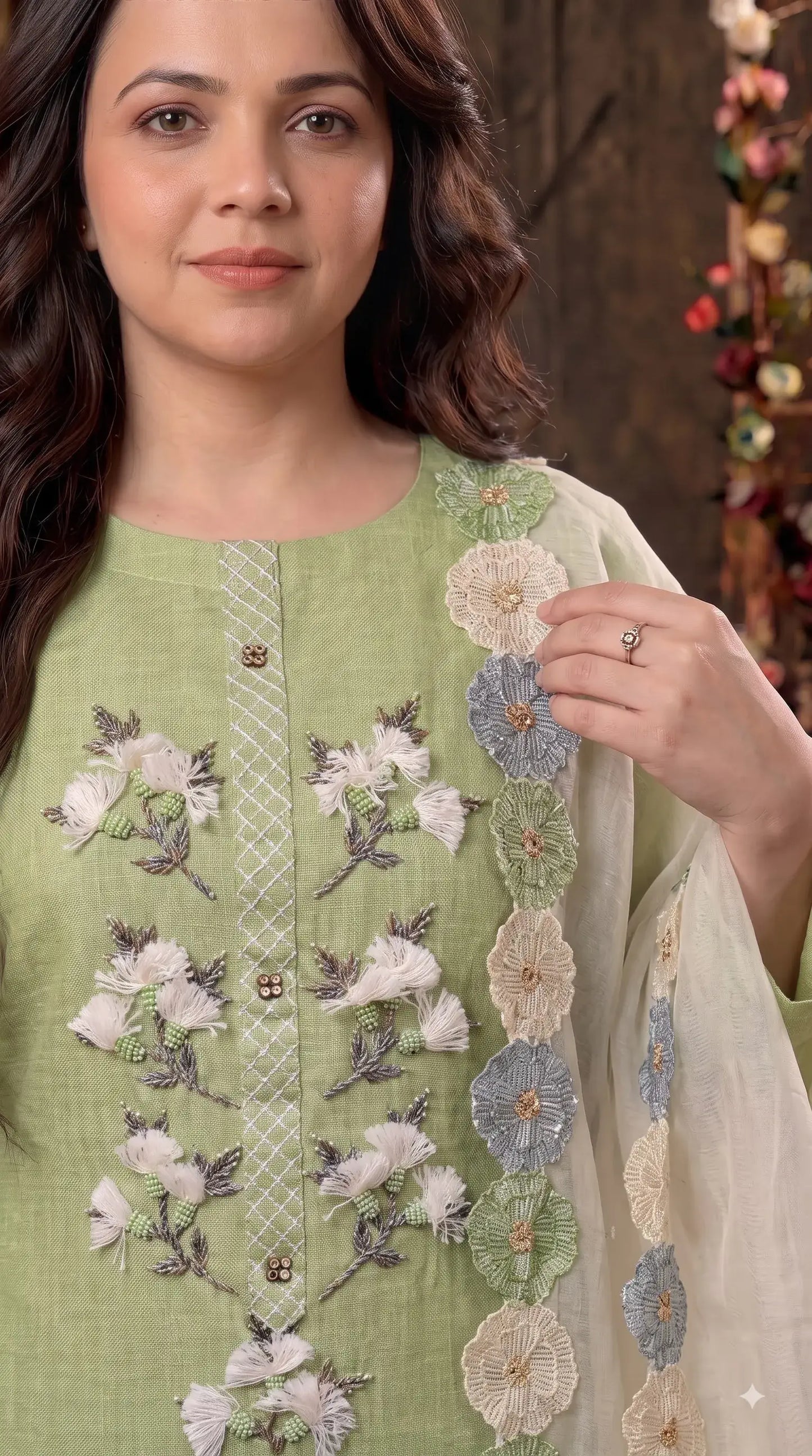Premium Designer Pastel Green Soft Cotton Pakistani Suit with Pearl & 3D Floral Work