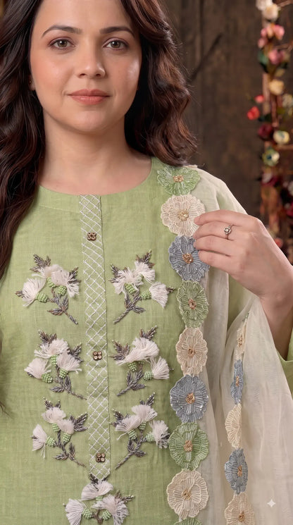 Premium Designer Pastel Green Soft Cotton Pakistani Suit with Pearl & 3D Floral Work