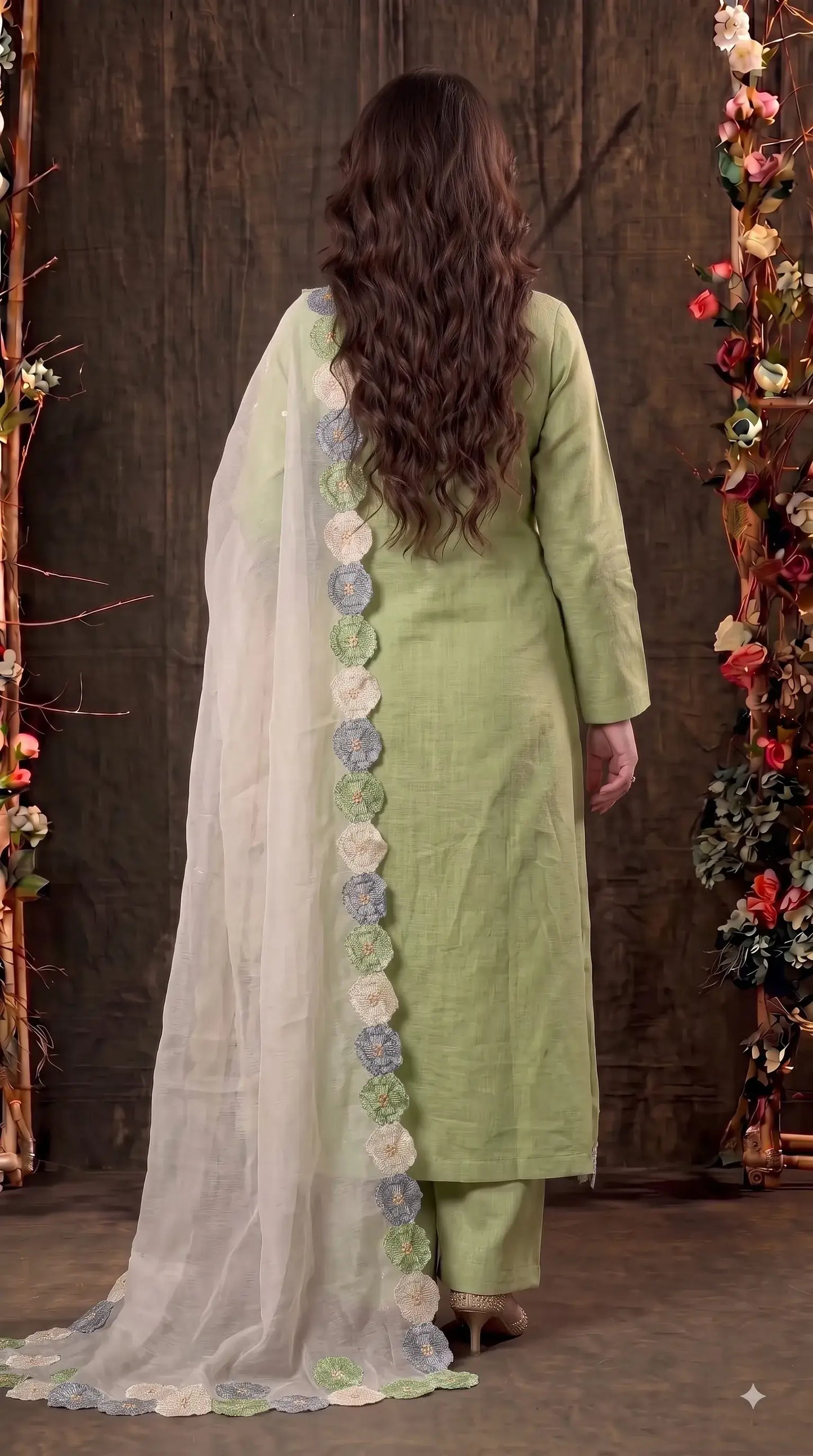 Premium Designer Pastel Green Soft Cotton Pakistani Suit with Pearl & 3D Floral Work