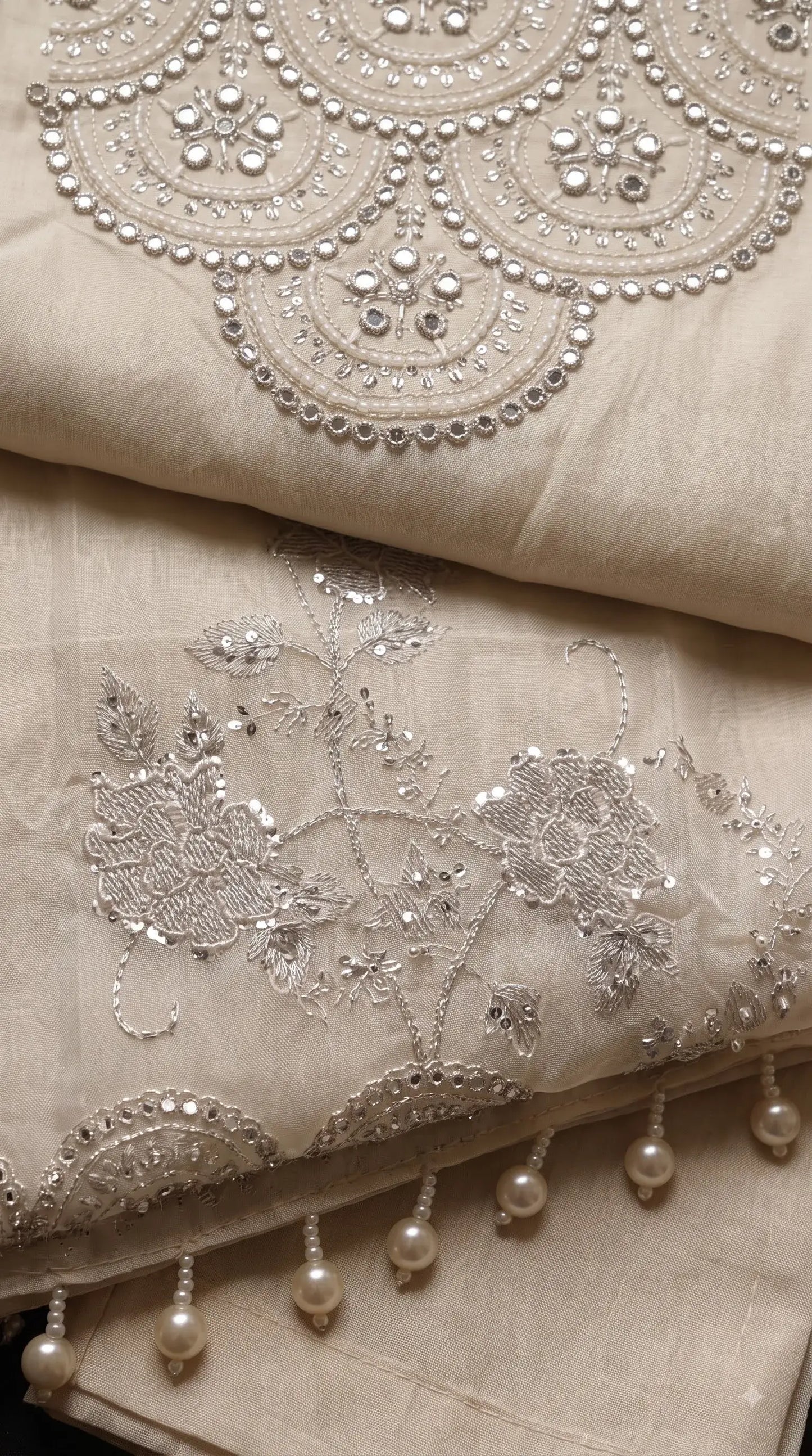 Premium Designer Ivory Soft Tissue Pakistani Suit with Mirror, Pearl & Floral Work