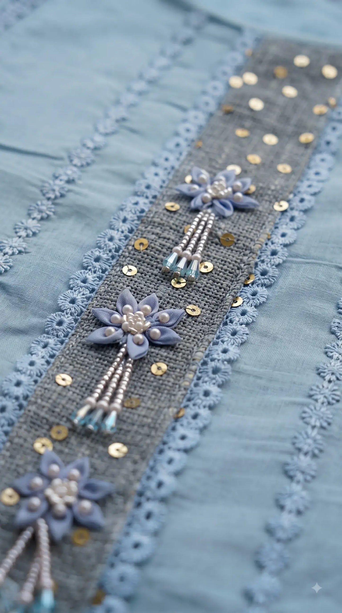 Premium Designer Powder Blue Soft Mul Pakistani Suit with Pearl Tassel Work