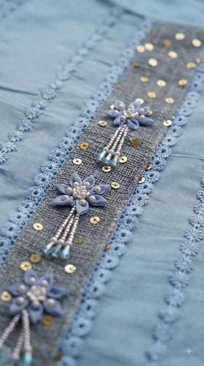 Premium Designer Powder Blue Soft Mul Pakistani Suit with Pearl Tassel Work