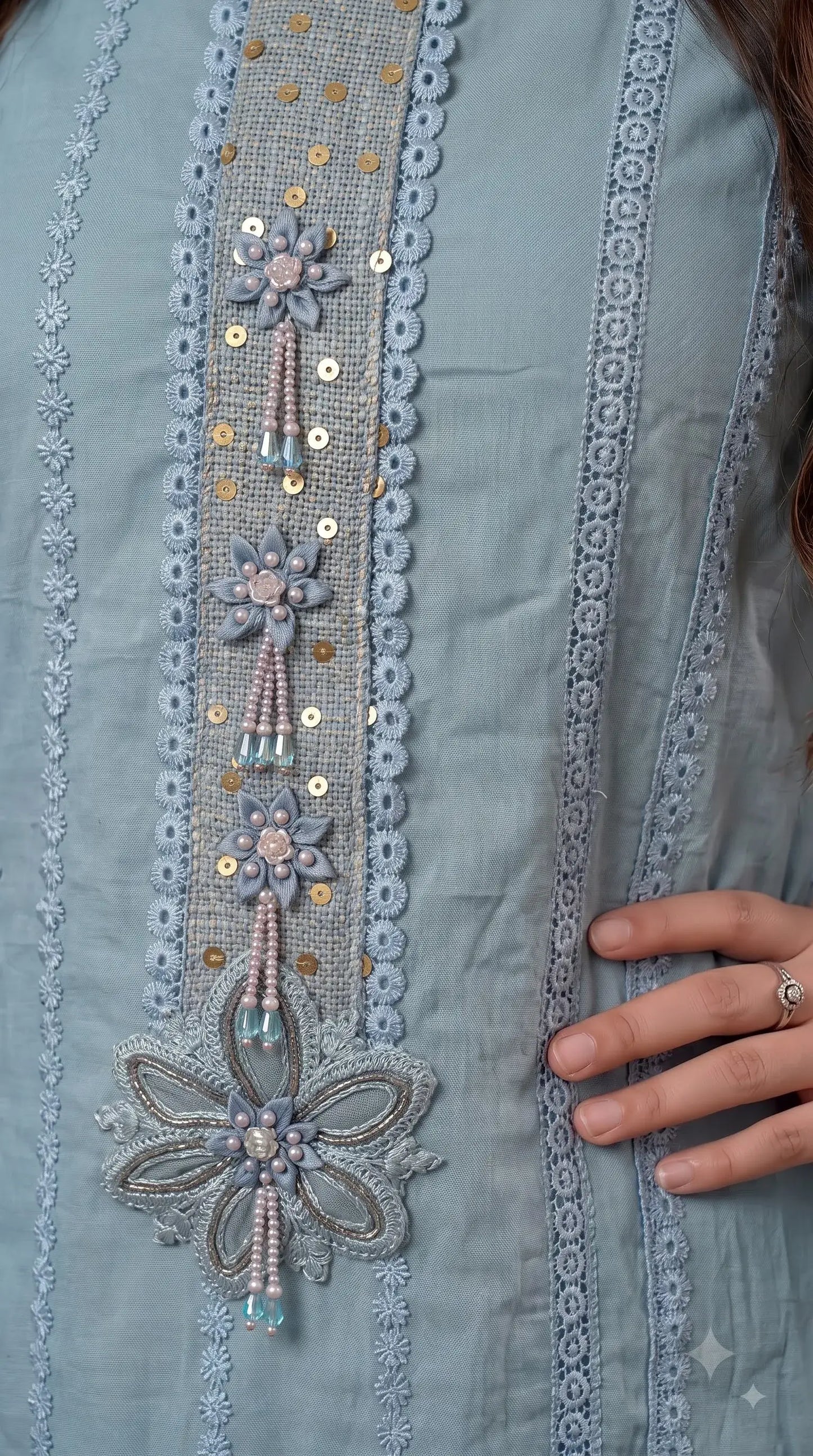 Premium Designer Powder Blue Soft Mul Pakistani Suit with Pearl Tassel Work