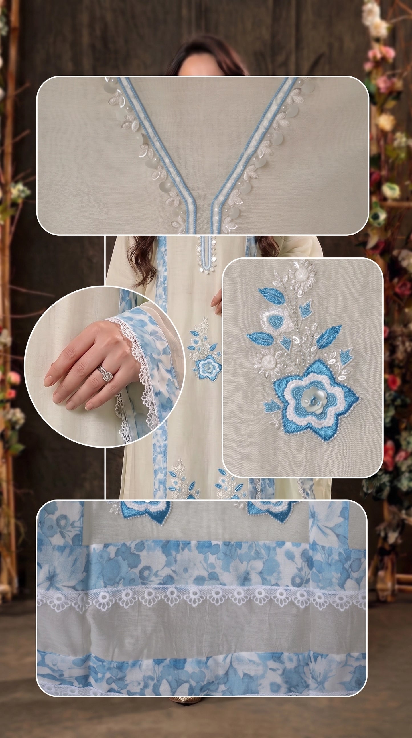 Soft Mull Cotton Pakistani Suit with Blue Floral Borders & Lace Detailing
