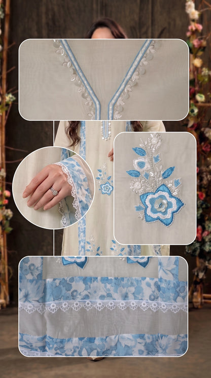 Soft Mull Cotton Pakistani Suit with Blue Floral Borders & Lace Detailing