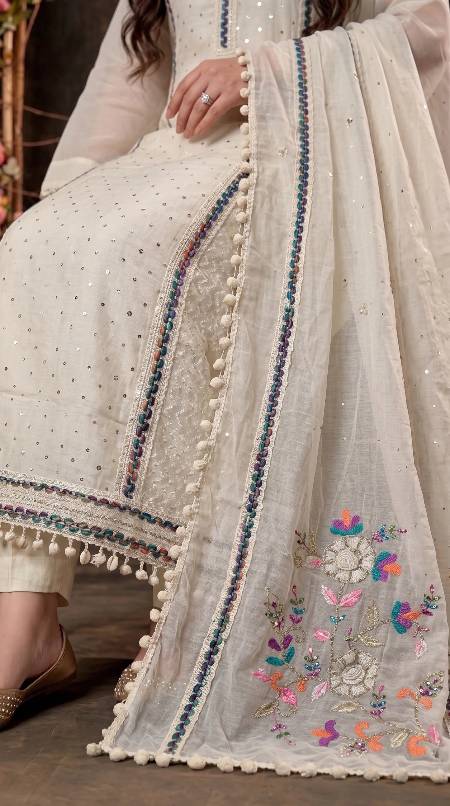Premium Pakistani Mull Chanderi Suit with Sequin Work & Embroidered Dupatta