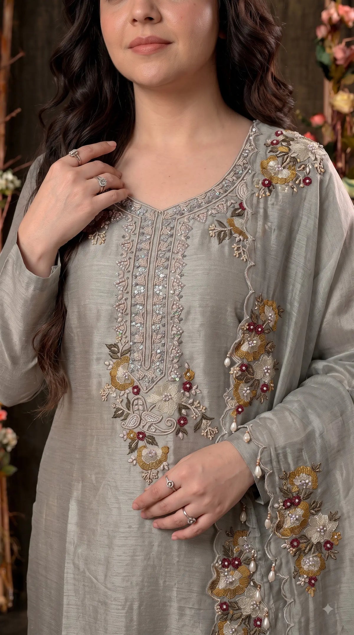 Premium Designer Silver Grey Giraffe Fabric Suit with Pearl, Sequin & Floral Embroidery Work