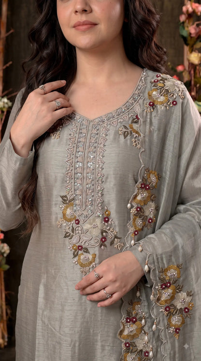 Premium Designer Silver Grey Giraffe Fabric Suit with Pearl, Sequin & Floral Embroidery Work
