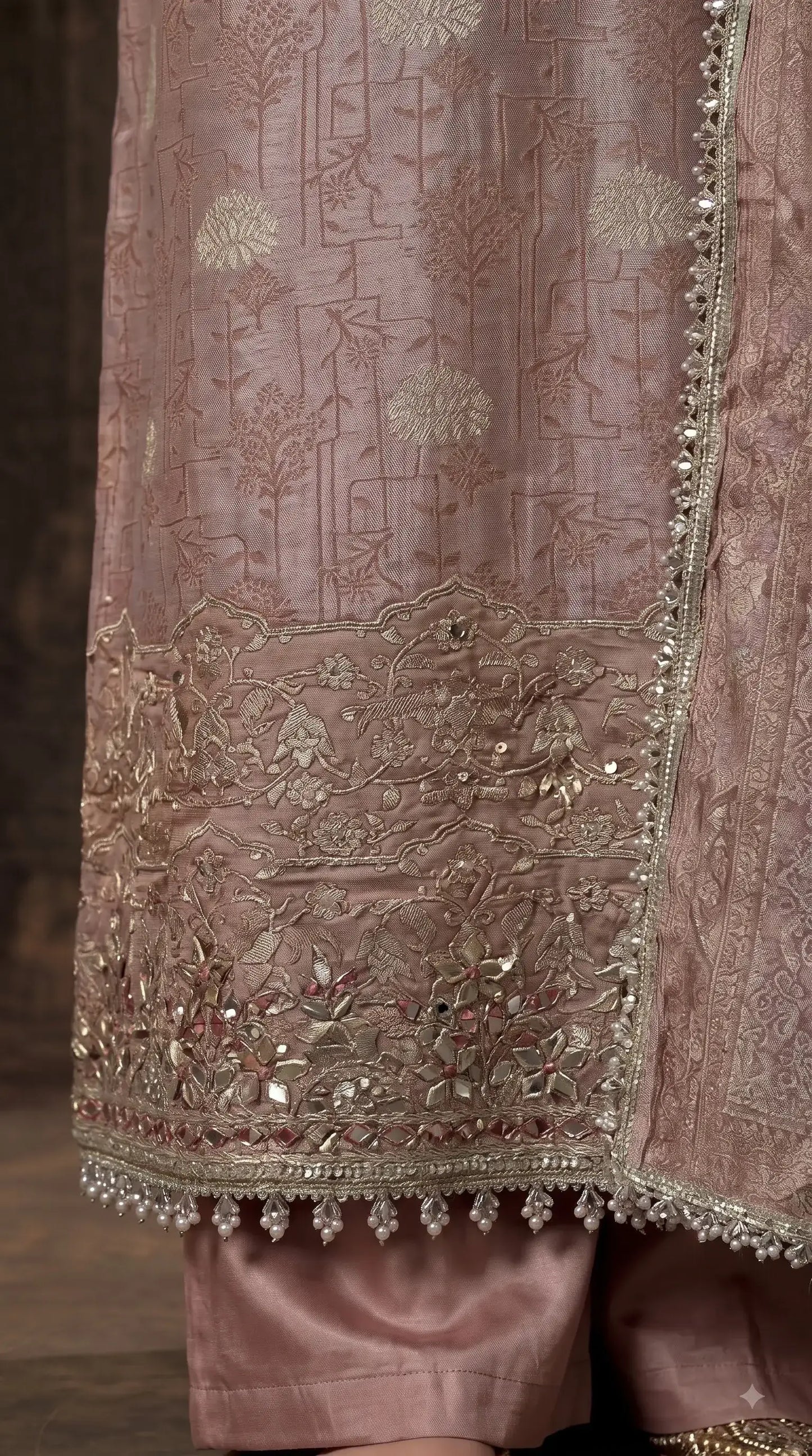 Premium Designer Dusty Rose Taupe Banarsi Suit with Mirror & Pearl Work