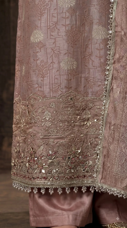 Premium Designer Dusty Rose Taupe Banarsi Suit with Mirror & Pearl Work