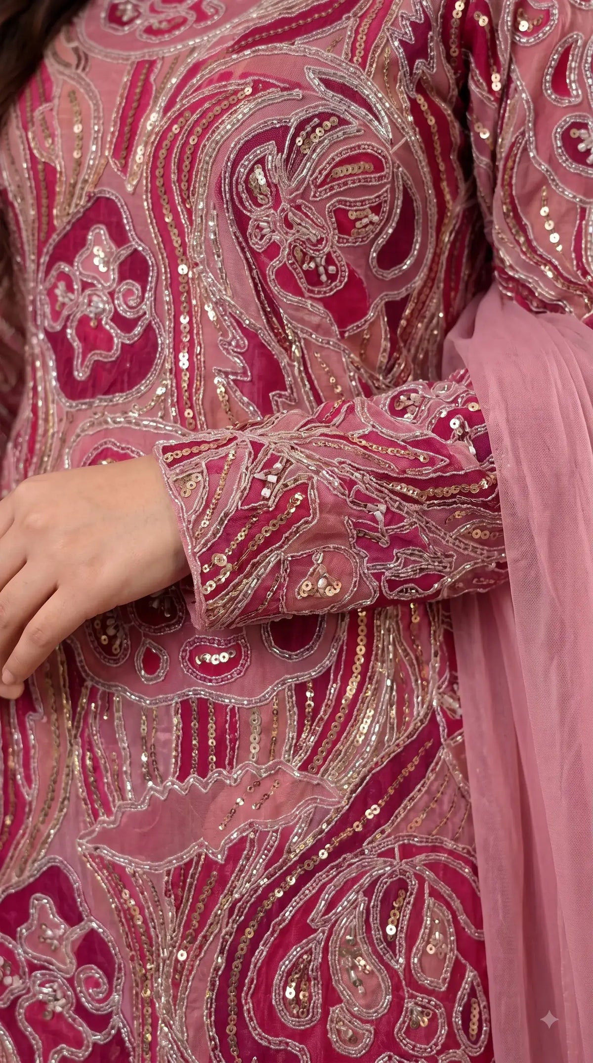 Pakistani Designer Pink Shade Organza Ethnic-Western Suit with Pearl, Bead & Sequin Work