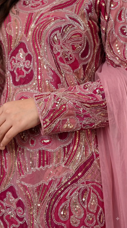 Pakistani Designer Pink Shade Organza Ethnic-Western Suit with Pearl, Bead & Sequin Work