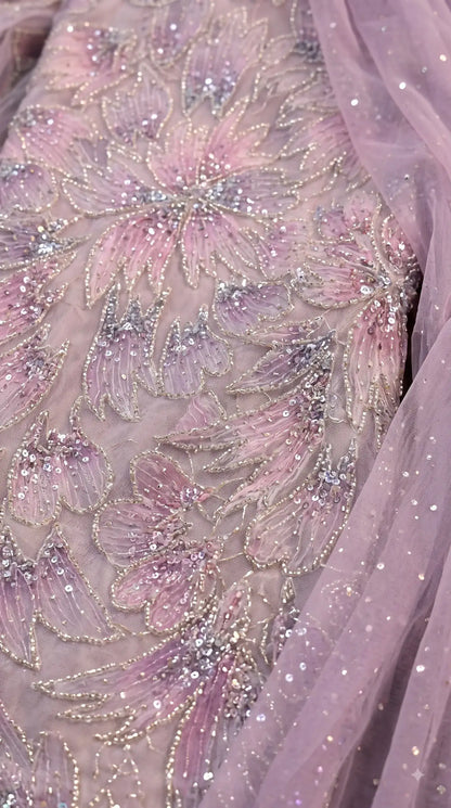 Premium Lavender Organza Pakistani Designer Suit with Cutdana, Pearl, Sequin & Ribbon Handwork