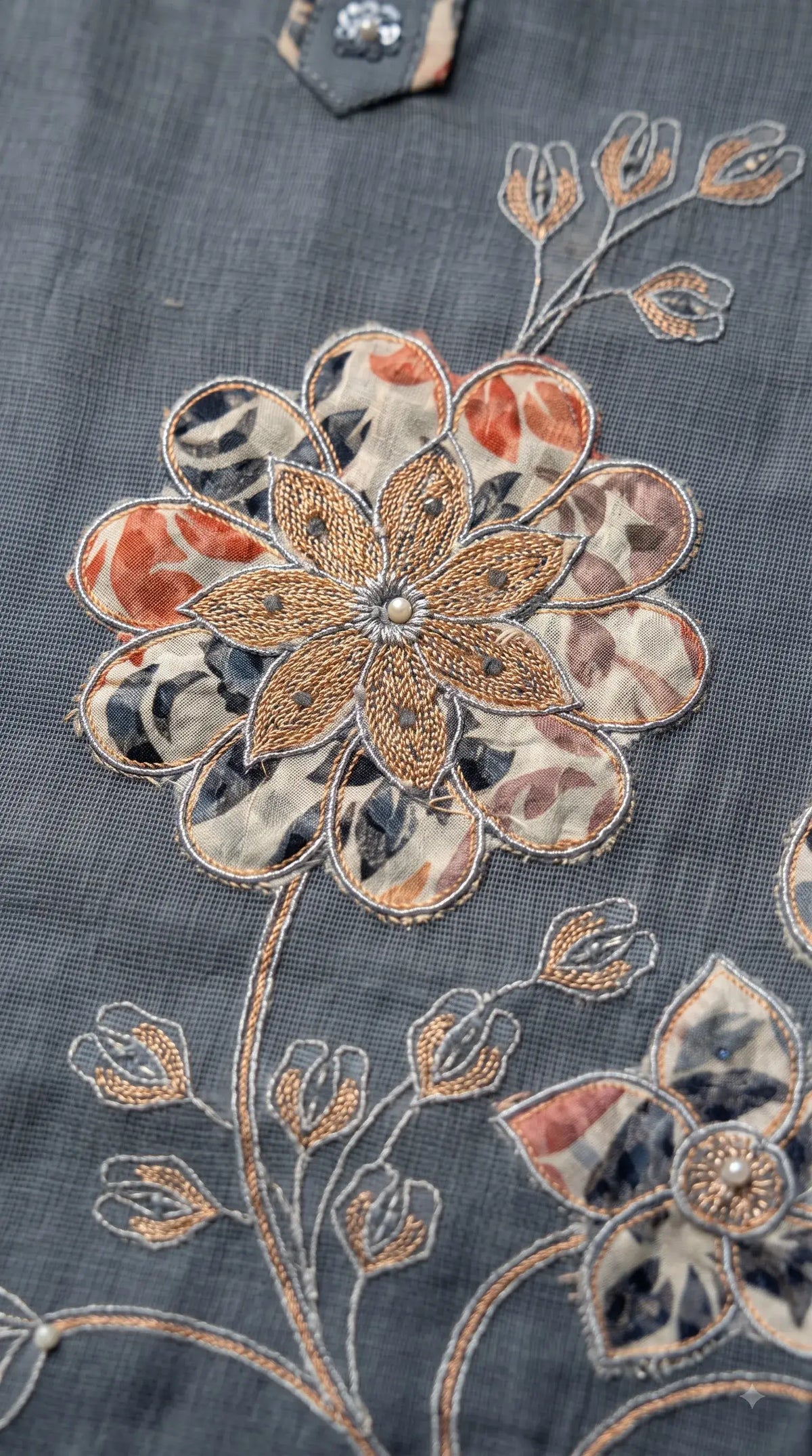 Premium Slate Blue Soft Cotton Suit with Floral Appliqué, Thread & Pearl Work
