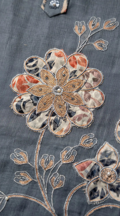 Premium Slate Blue Soft Cotton Suit with Floral Appliqué, Thread & Pearl Work