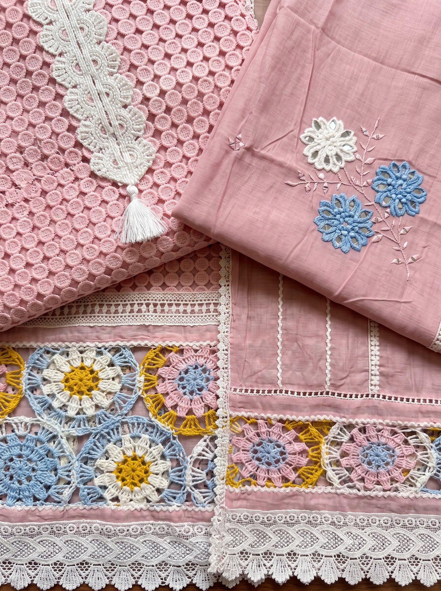 Blush Pink Crochet Embroidered Pakistani Jute Mull Suit