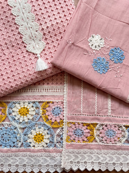 Blush Pink Crochet Embroidered Pakistani Jute Mull Suit