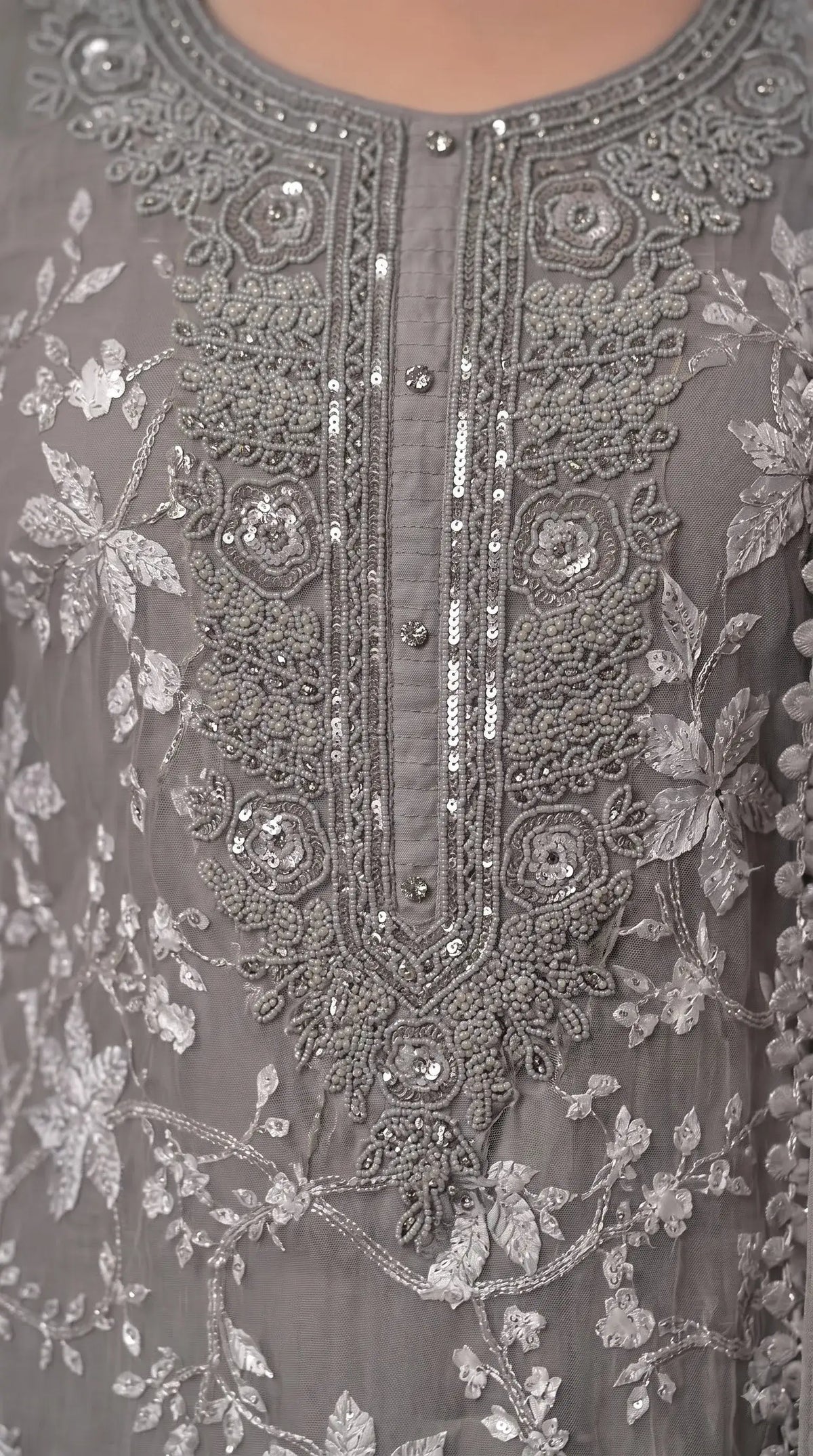 Pakistani Designer Soft Grey Soft Chiffon Suit with Elegant Applique Floral Work & Graceful Dupatta