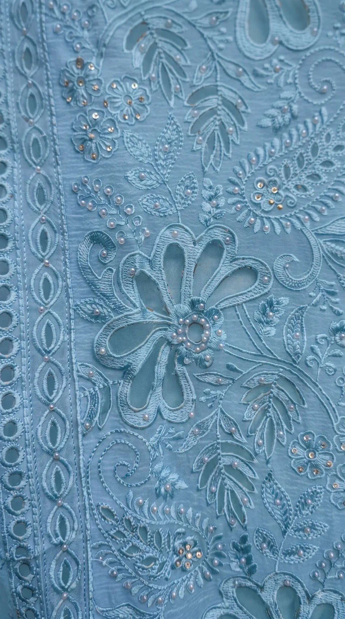 Pakistani Designer Soft Blue Pakistani Suit with Pearl Embroidery Work
