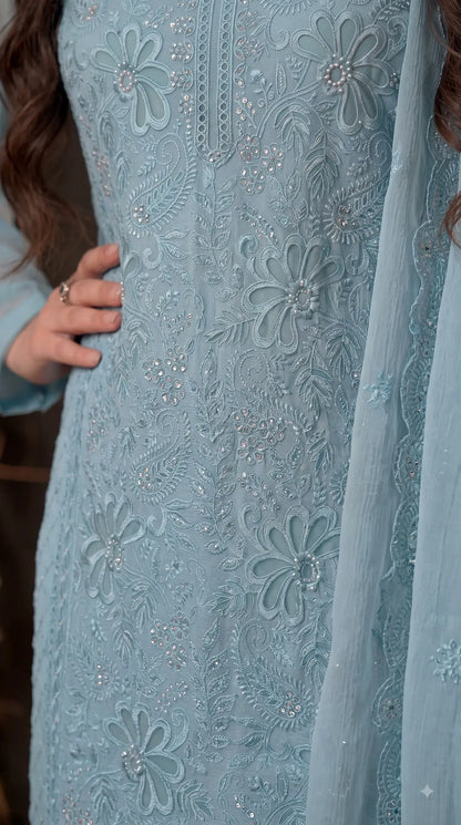 Pakistani Designer Soft Blue Pakistani Suit with Pearl Embroidery Work