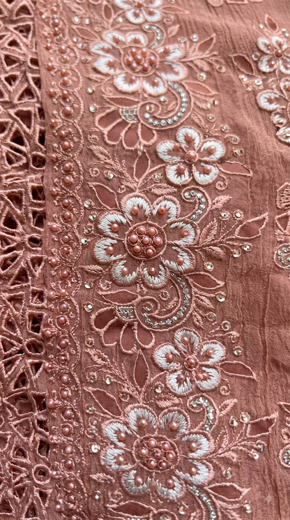 Pakistani Designer Rust Soft Crush Tissue Suit with Floral Embroidery, Pearl & Sequin Work