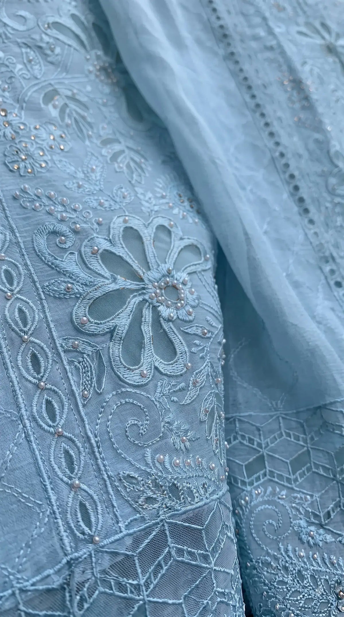 Pakistani Designer Soft Blue Pakistani Suit with Pearl Embroidery Work