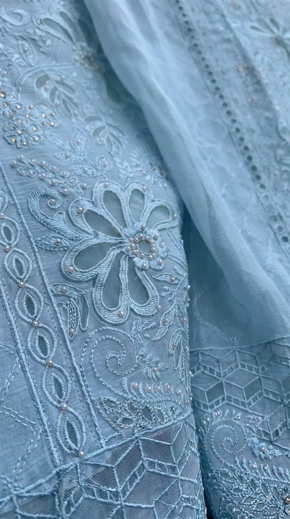 Pakistani Designer Soft Blue Pakistani Suit with Pearl Embroidery Work