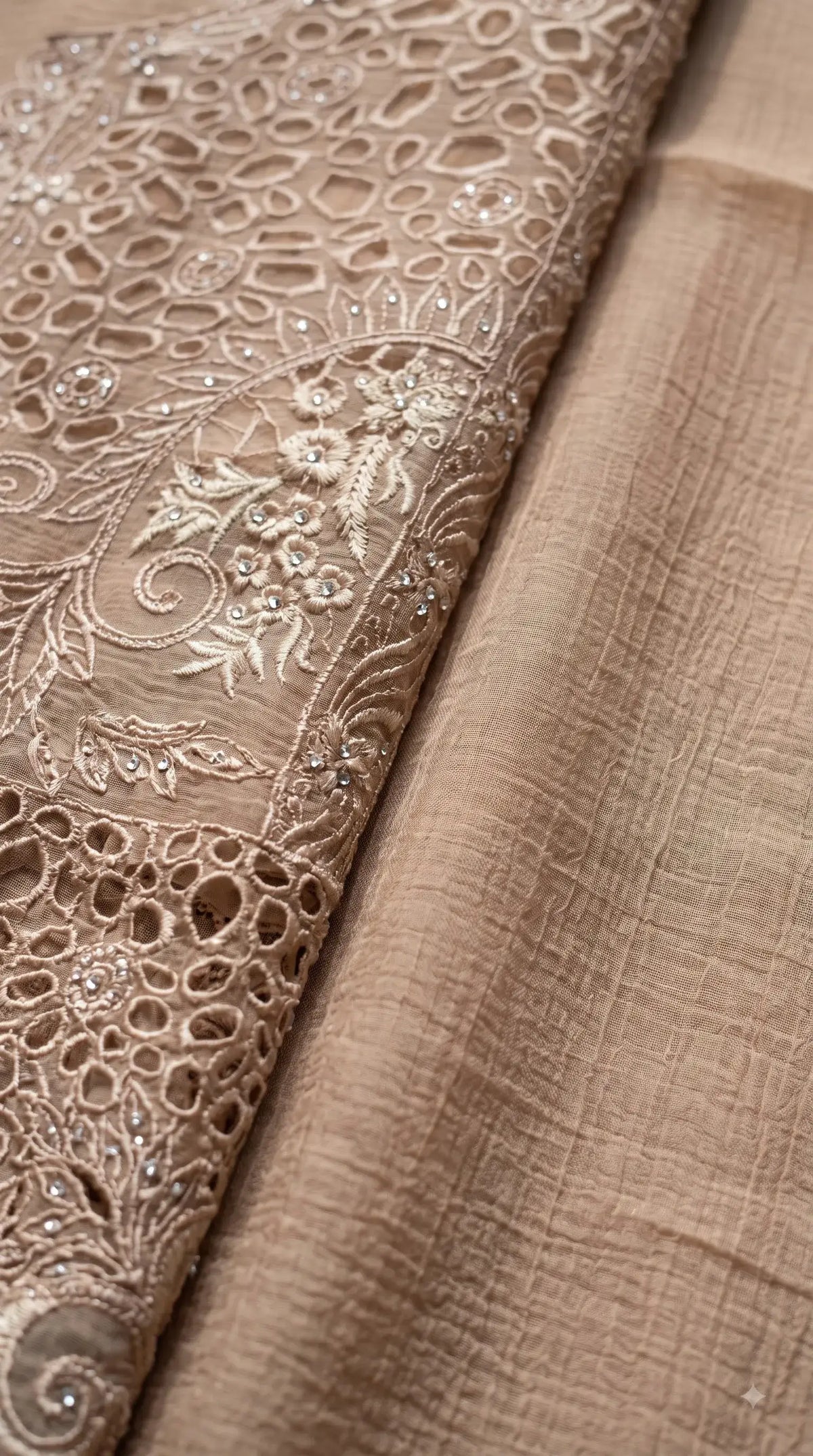 Premium Designer Taupe Beige Marble Chiffon Suit with Cutwork Embroidery & Swarovski Work