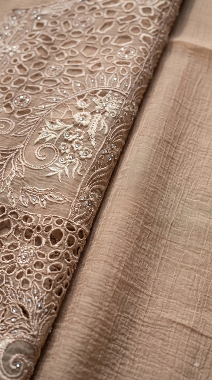 Premium Designer Taupe Beige Marble Chiffon Suit with Cutwork Embroidery & Swarovski Work