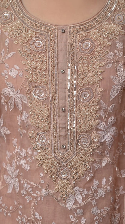 Premium Designer Blush Pink Soft Chiffon Suit with Elegant Applique Floral Work & Graceful Dupatta
