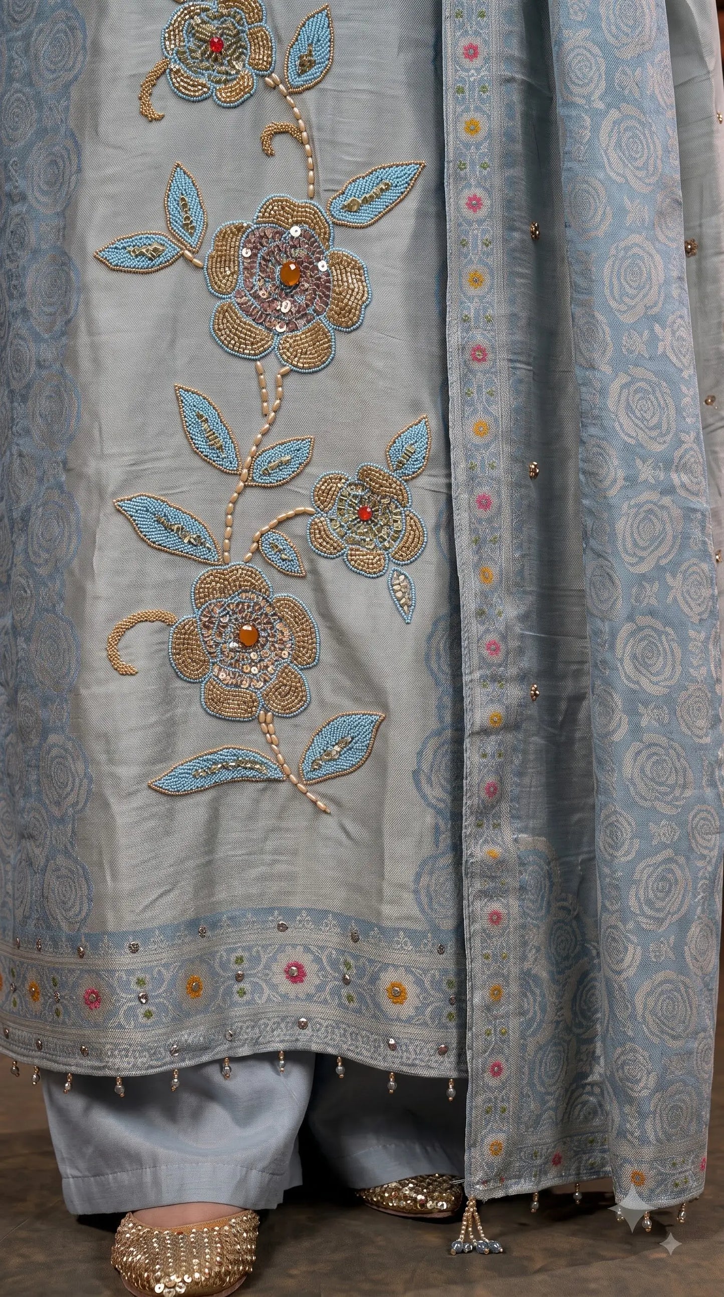Premium Designer Sky Blue Banarsi Suit with Floral Bead & Sequin Work