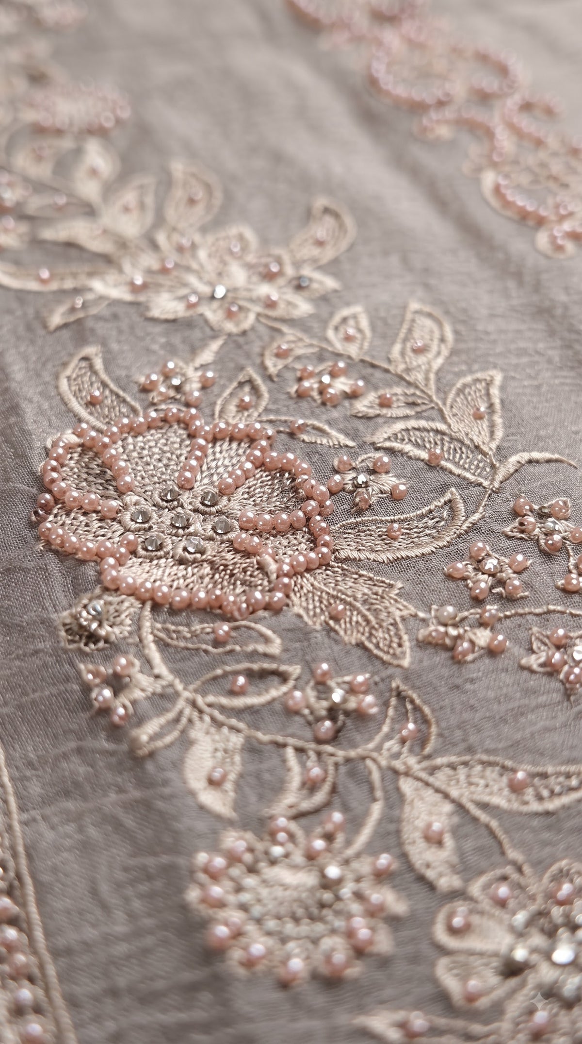 Premium Designer Taupe Grey Soft Crush Tissue Suit with Pearl, Sequin & Floral Embroidery Work