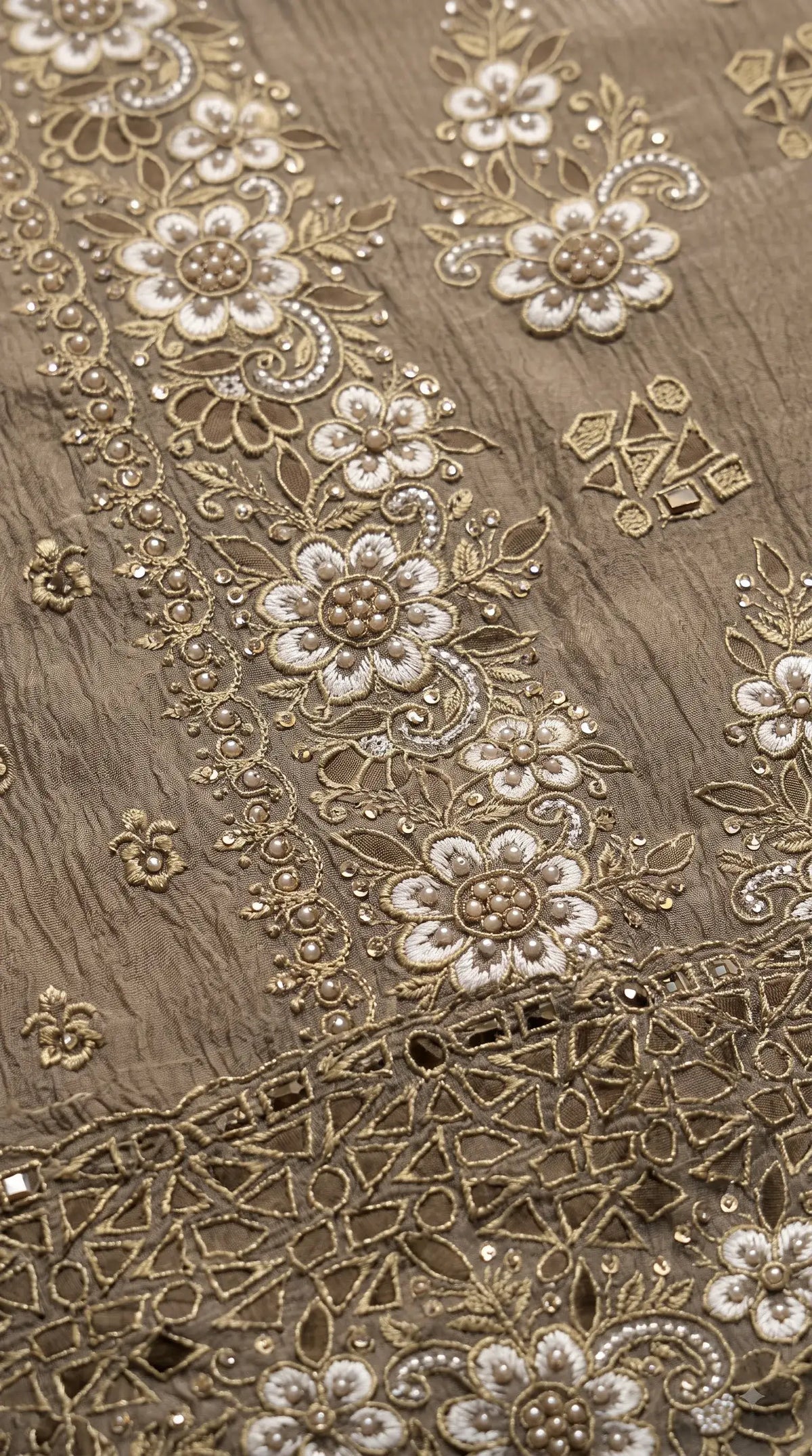 Premium Designer Olive Taupe Soft Crush Tissue Suit with Floral Embroidery, Pearl & Sequin Work