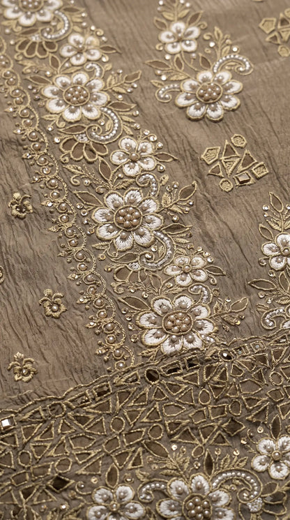 Premium Designer Olive Taupe Soft Crush Tissue Suit with Floral Embroidery, Pearl & Sequin Work