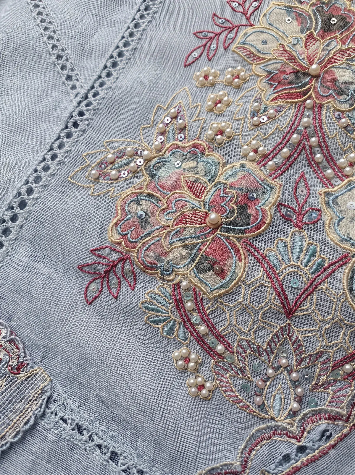 Pakistani Designer Soft Cotton Blue Suit With Floral Embroidery & Pearl Work