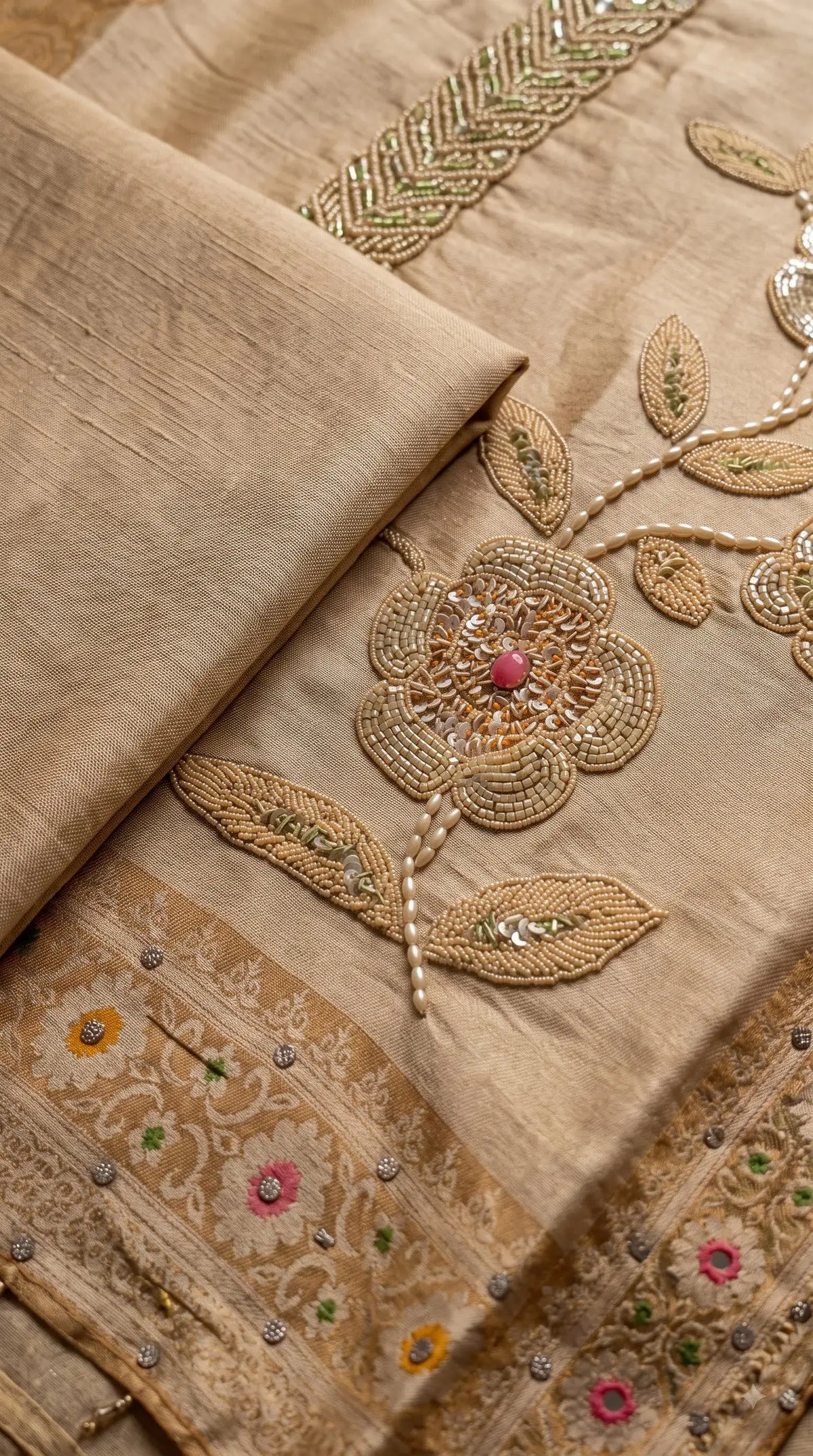 Pakistani Designer Yellow Banarsi Suit with Floral Bead & Sequin Work
