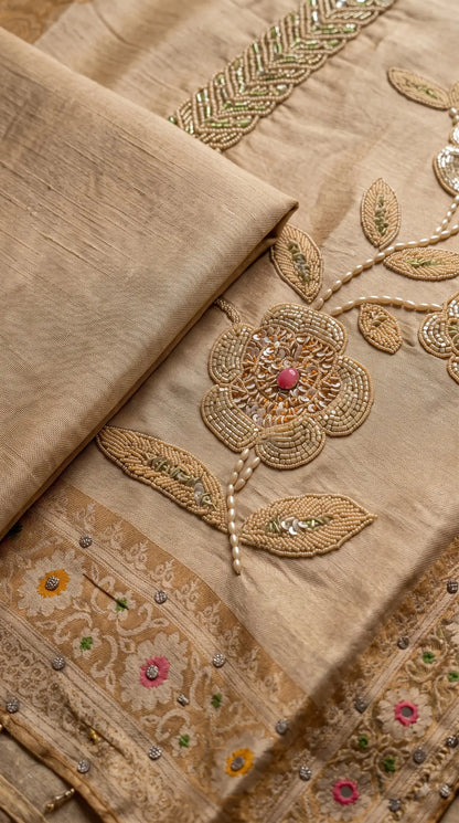 Pakistani Designer Yellow Banarsi Suit with Floral Bead & Sequin Work