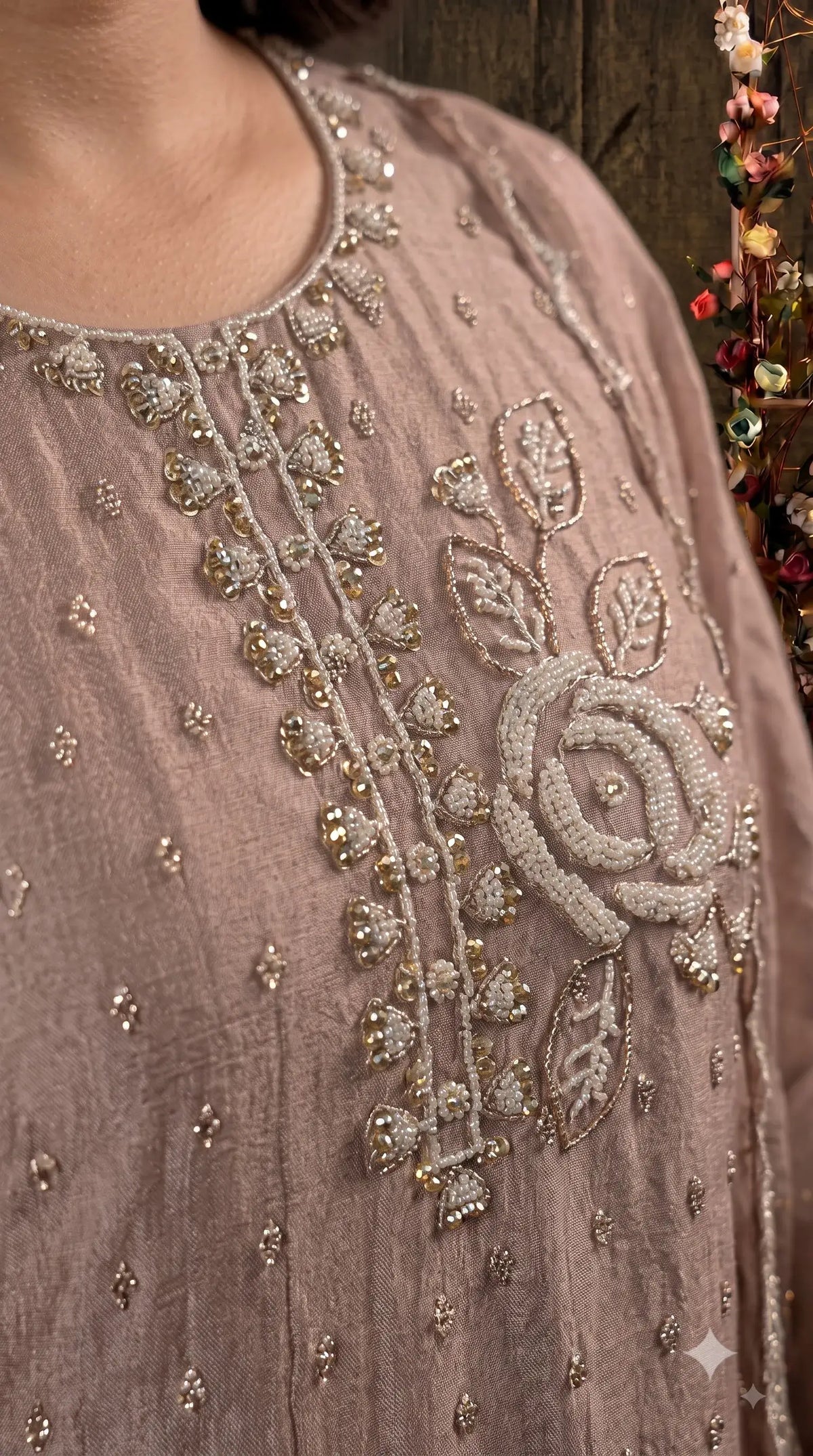 Premium Dusty Mauve Taupe Soft Tissue Designer Suit with Pearl Work