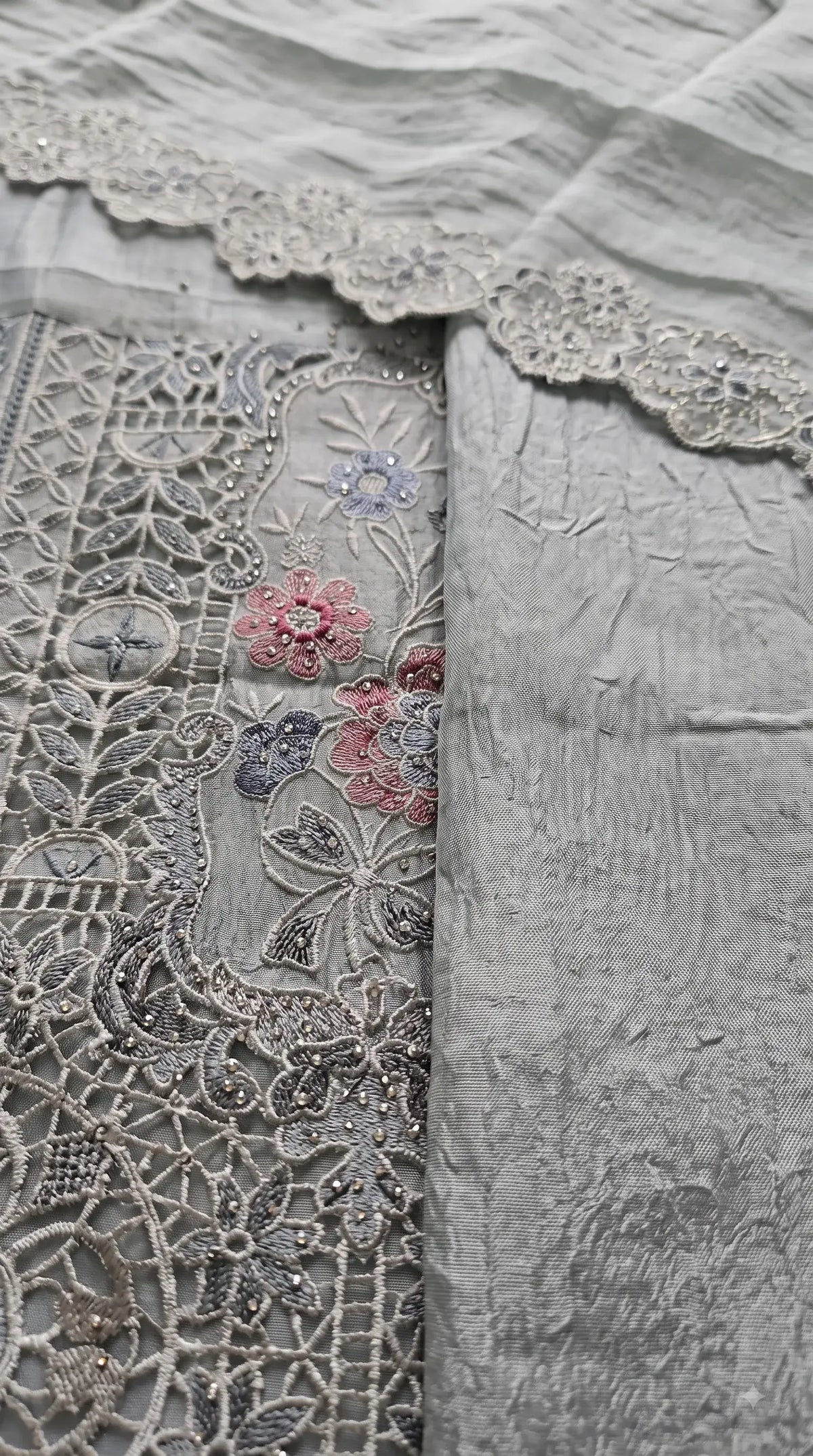 Premium Designer Sage Green Shimmer Silk Suit with Cutwork & Floral Embroidery