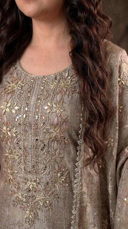 Pakistani Designer Ivory Shade Banarsi Suit with Mirror & Pearl Work