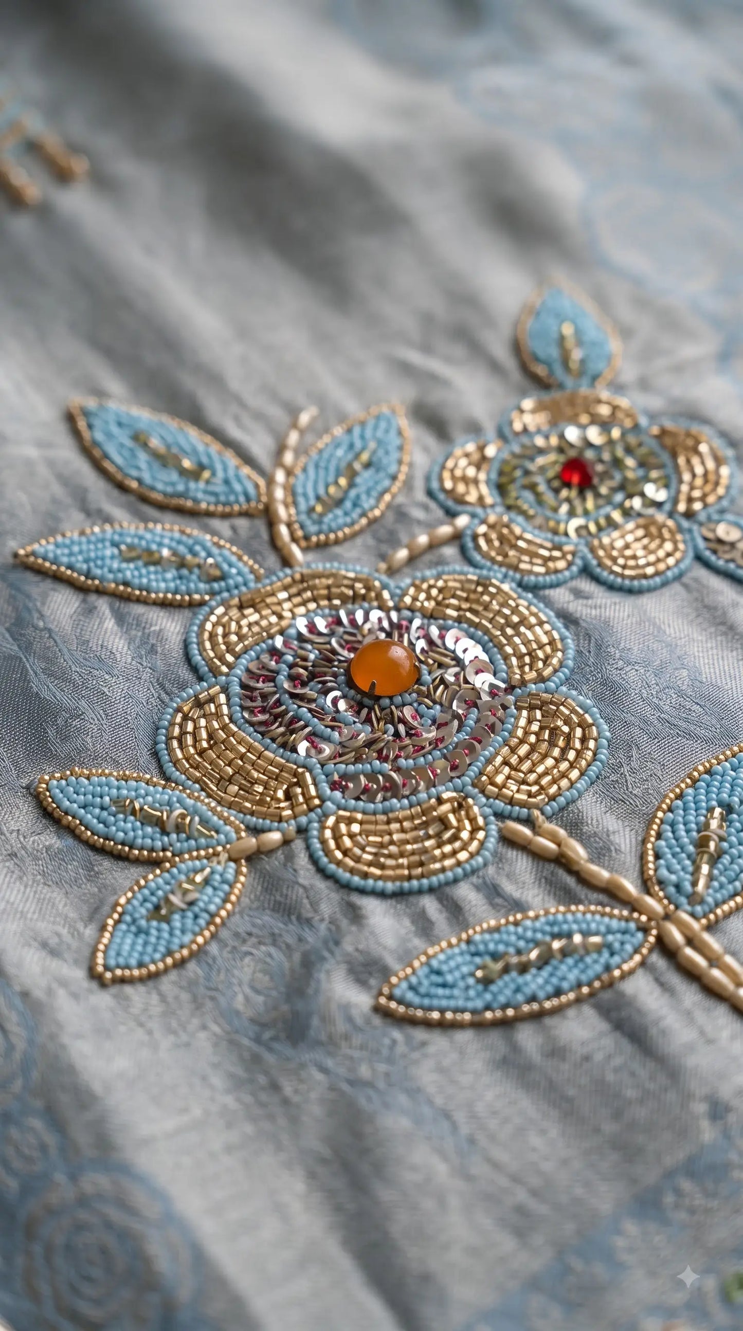 Premium Designer Sky Blue Banarsi Suit with Floral Bead & Sequin Work