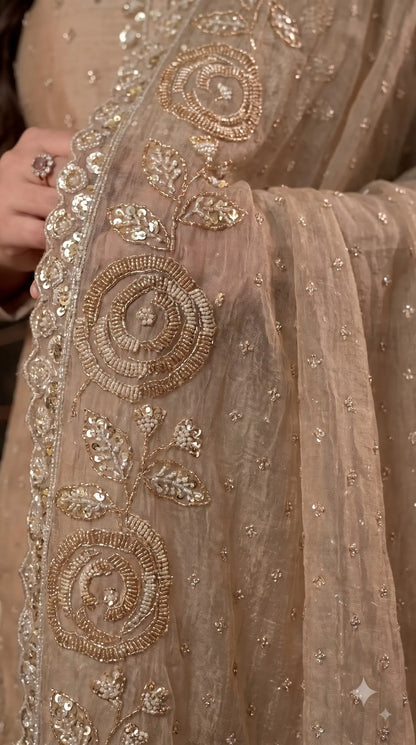 Premium Beige Soft Tissue Designer Suit with Pearl Work